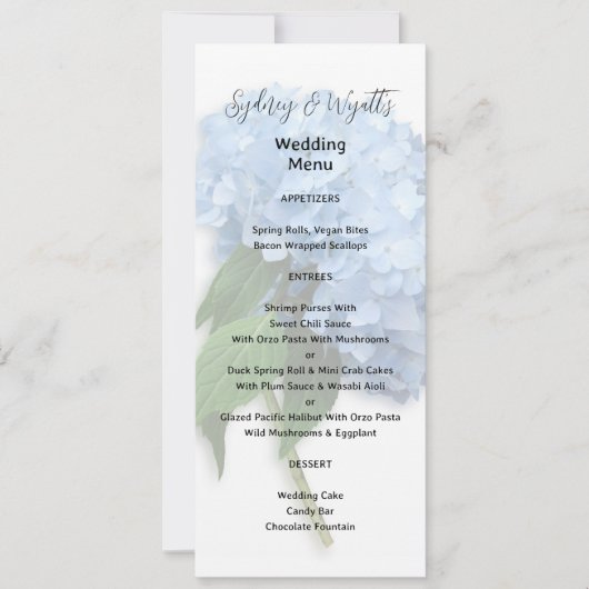 Blue Hydrangea Wedding Menu Tall Paper Sjabloon Kaart (Voorkant)
