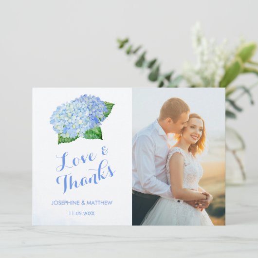 Blue Hydrangea Wedding Photo Bedankkaart (Staand voorkant)