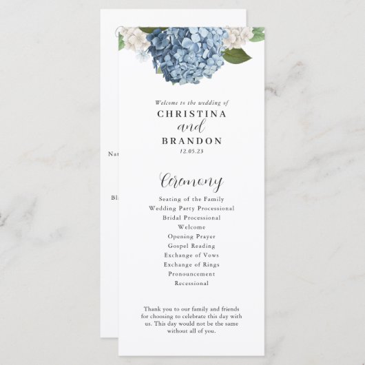 Blue Hydrangea Wedding Programme Menu (Voorkant / Achterkant)