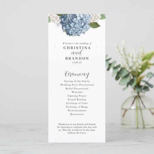 Blue Hydrangea Wedding Programme Menu (Staand voorkant)