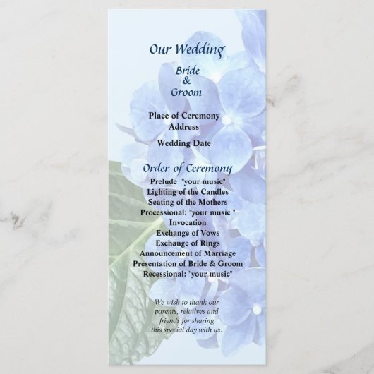 Blue Hydrangea Wedding Programme Programmakaart (Voorkant)