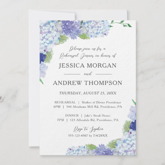 Blue Hydrangea Wedding Repetitie Diner Uitnodiging (Voorkant)