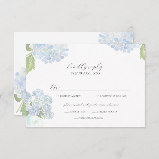 Blue Hydrangea Wedding Response Card RSVP Kaartje (Voorkant / Achterkant)