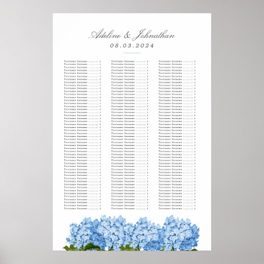 Blue Hydrangea Wedding Seating Chart Poster (Voorkant)