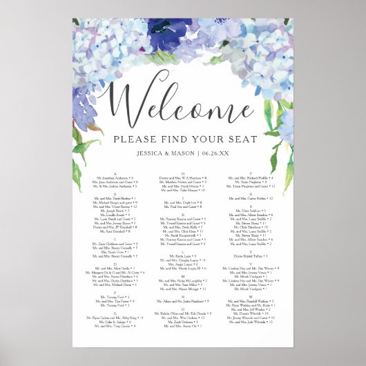 Blue Hydrangea Wedding Seding Chart Sign Poster (Voorkant)
