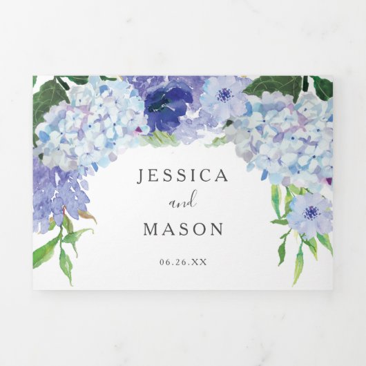 Blue Hydrangea Wedding Tri-Fold Uitnodigingen (Cover)