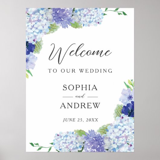 Blue Hydrangea Wedding Welkomstbord Poster (Voorkant)