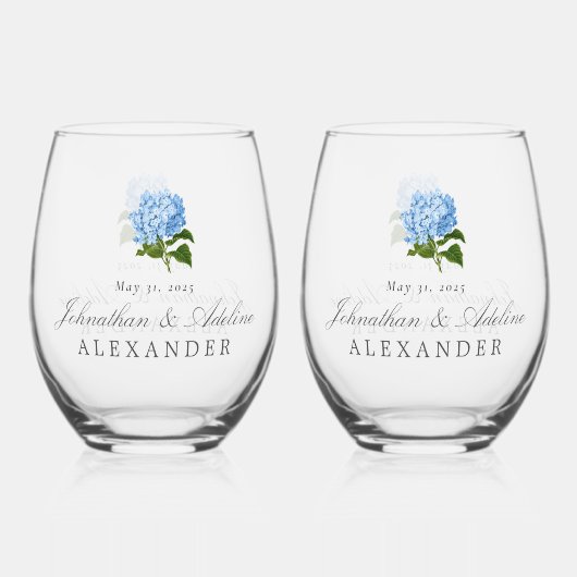 Blue Hydrangea Wedding Wijnglas Zonder Voet (Achterkant)