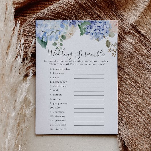 Blue Hydrangea Wedding Word Scramble Game Kaart