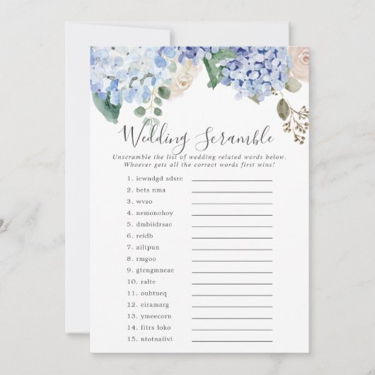 Blue Hydrangea Wedding Word Scramble Game Kaart (Voorkant)