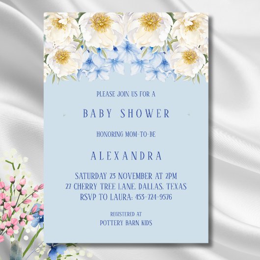 Blue Hydrangea White Floral Garden Baby shower Kaart