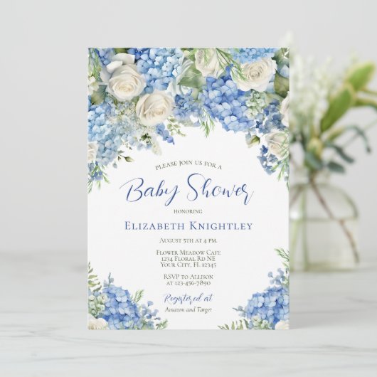 Blue Hydrangea White Roses Boy Baby shower Kaart (Staand voorkant)