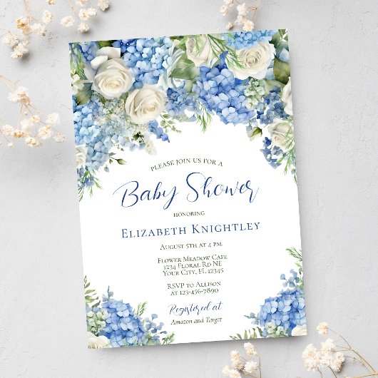 Blue Hydrangea White Roses Boy Baby shower Kaart