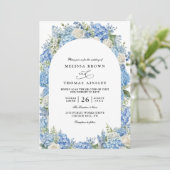 Blue Hydrangea White Roses Floral QR Code Wedding Kaart (Staand voorkant)