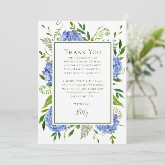 Blue Hydrangeas 100th Birthday  Bedankkaart (Staand voorkant)