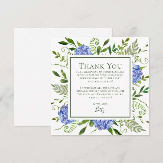Blue Hydrangeas 100th Birthday  Bedankkaart (Voorkant / Achterkant)