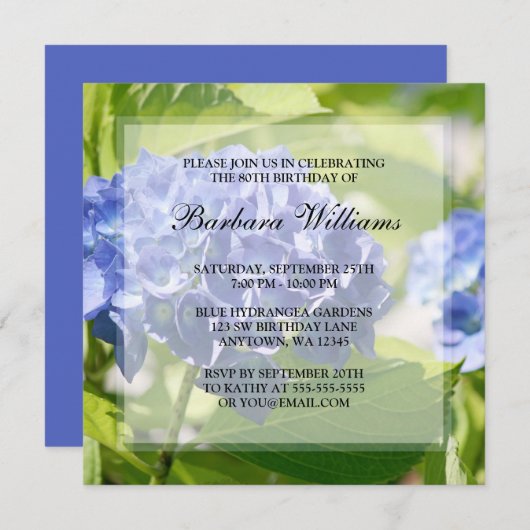 Blue Hydrangeas 80th Birthday Party Invitations Kaart (Voorkant / Achterkant)