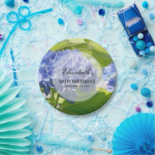 Blue Hydrangeas 80th Birthday Party Papieren Bordje (Feest)