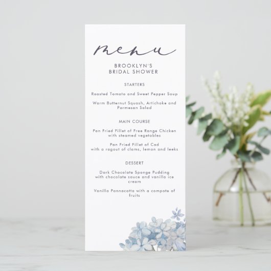 Blue Hydrangeas and Calligraphy Vrijgezellenfeest  Menu (Staand voorkant)