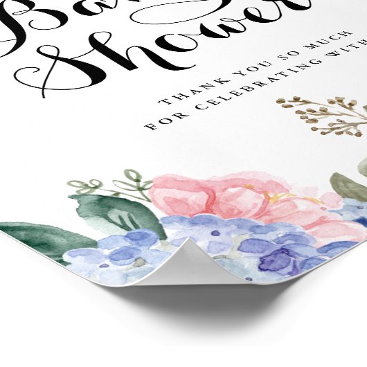 Blue Hydrangeas and Pink Roses Baby shower Welkoms Poster (Hoek)