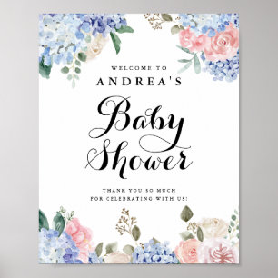 Blue Hydrangeas and Pink Roses Baby shower Welkoms Poster