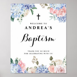 Blue Hydrangeas and Pink Roses Baptism Welcome Poster