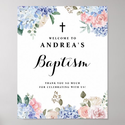 Blue Hydrangeas and Pink Roses Baptism Welcome Poster (Voorkant)