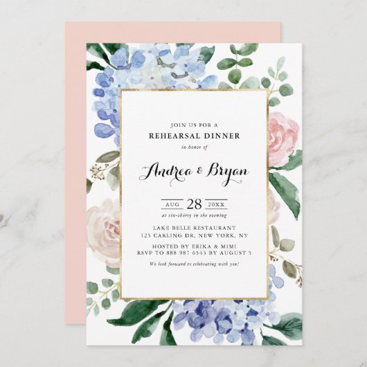 Blue Hydrangeas and Pink Roses Rehearings Dinner Kaart (Voorkant / Achterkant)