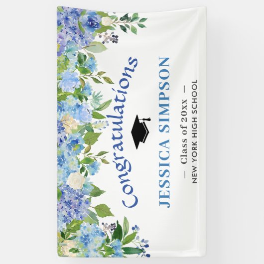Blue Hydrangeas Bloemen Afstuderen Klasse van 2024 Spandoek (Verticaal)