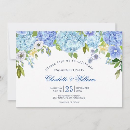 Blue Hydrangeas Bloemen Groen ENGAGEMENT PARTY Kaart (Voorkant)