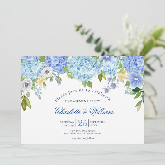 Blue Hydrangeas Bloemen Groen ENGAGEMENT PARTY Kaart (Staand voorkant)