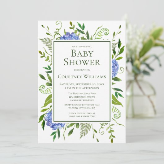 Blue Hydrangeas Bloemen Waterverf Baby shower Kaart (Staand voorkant)