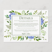 Blue Hydrangeas Bloemen Waterverf Bruiloft Details Informatiekaartje (Voorkant)