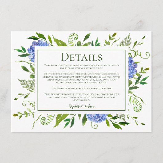 Blue Hydrangeas Bloemen Waterverf Bruiloft Details Informatiekaartje (Voorkant)