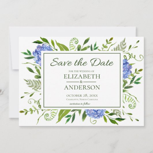 Blue Hydrangeas Bloemen Waterverf Foto Bruiloft Save The Date (Voorkant)