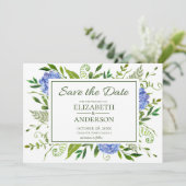 Blue Hydrangeas Bloemen Waterverf Foto Bruiloft Save The Date (Staand voorkant)