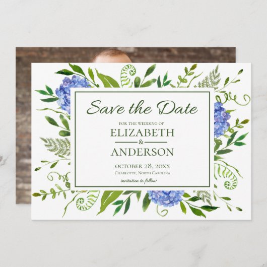Blue Hydrangeas Bloemen Waterverf Foto Bruiloft Save The Date (Voorkant / Achterkant)