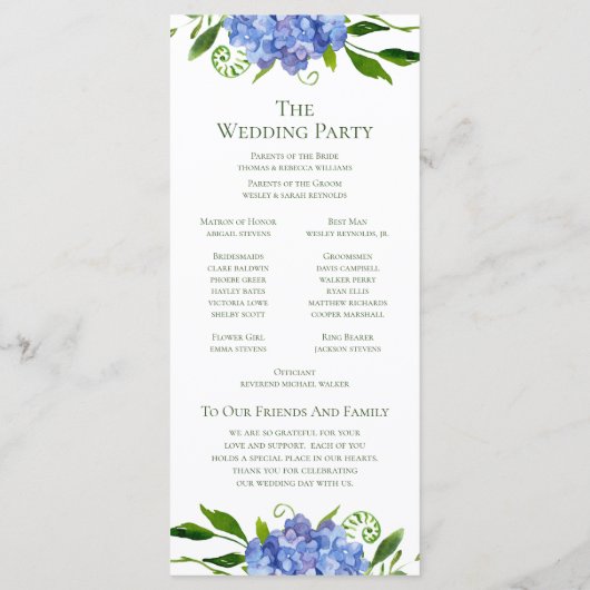 Blue Hydrangeas Bloemen Waterverf Trouwprogramma Programmakaart (Achterkant)