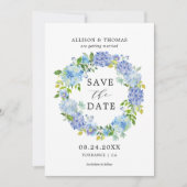 Blue Hydrangeas Bloemenkrans Save the Dates Kaarte Kaart (Voorkant)