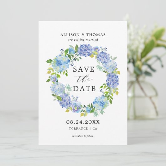 Blue Hydrangeas Bloemenkrans Save the Dates Kaarte Kaart (Staand voorkant)