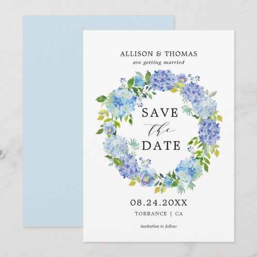 Blue Hydrangeas Bloemenkrans Save the Dates Kaarte Kaart (Voorkant / Achterkant)