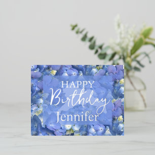 Blue Hydrangeas Blooms Happy Birthday Custom Name Folie Feestdagen Briefkaart