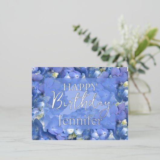 Blue Hydrangeas Blooms Happy Birthday Custom Name Folie Feestdagen Briefkaart (Staand Voorkant)