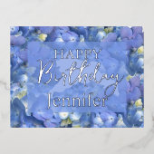 Blue Hydrangeas Blooms Happy Birthday Custom Name Folie Feestdagen Briefkaart (Voorkant)