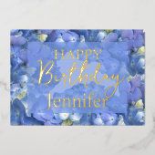 Blue Hydrangeas Blooms Happy Birthday Folie Feestdagenkaart (Voorkant)
