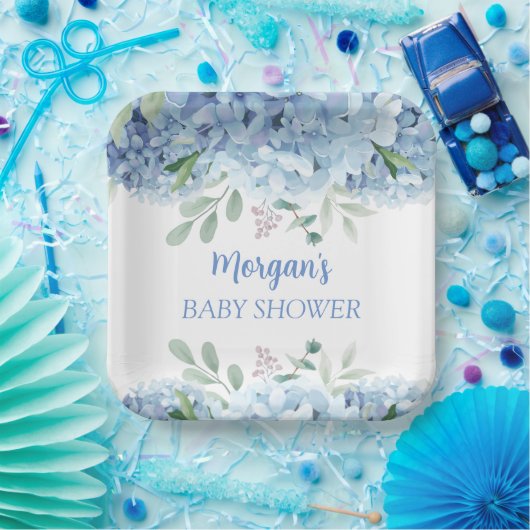 Blue Hydrangeas Boy Floral Baby shower Papieren Bordje (Feest)