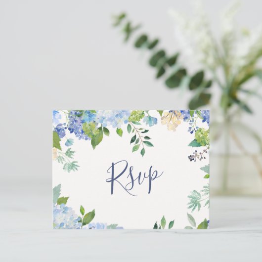 Blue Hydrangeas Bruiloft RSVP met Maaltijd Keuze Briefkaart (Staand voorkant)