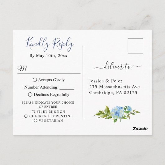 Blue Hydrangeas Bruiloft RSVP met Maaltijd Keuze Briefkaart (Achterkant)