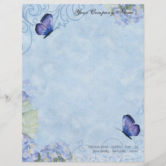 Blue Hydrangeas, Butterfly & Swirl Modern Floral Gepersonaliseerd Briefhoofd (Voorkant)