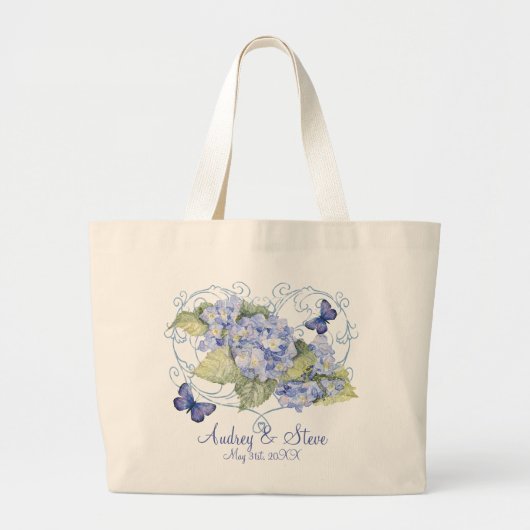 Blue Hydrangeas, Butterfly & Swirl Modern Floral Grote Tote Bag (Voorkant)